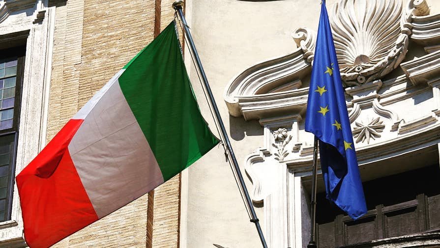 Italian National Flag and European Union Sovereign Flag Side-by-Side